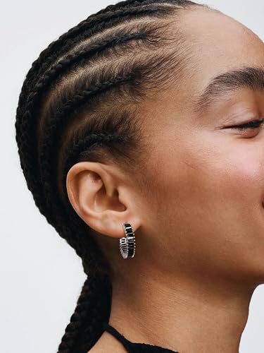 Trendy 14K Gold Plated Hoop Earrings for Women, Chunky Gold/Silver Earrings for Women Cubic Zirconia Baguette Hoop Earrings Heart Hoops Lightweight Hypoallergenic Jewelry,25mm/35mm/40mm/50mm - color: 01 Silver Black Hoops 25mm