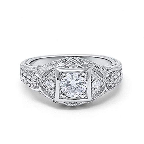 Blue Apple Co. Art Deco Ring Round Cubic Zirconia Leaf Filigree Design Split Shank Twisted Band Bridal Statement Wedding Engagement Rings For Women 925 Sterling Silver Gifts For Her - color: Simulated Cubic Zirconia