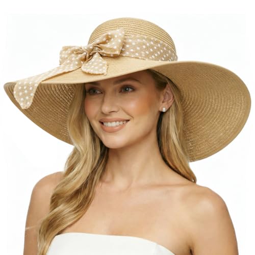 DRESHOW Beach Hats for Women Big Straw Wide Brim Summer Hat Floppy Foldable Roll up Cap Sun Hat UPF 50+ - color: 1 Pc：beige+white Dot Hat, 4.7" Brim