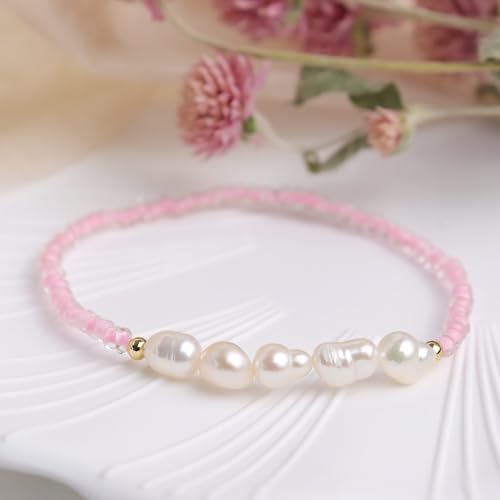 Freshwater Pearl Seed Bead for Women, Dainty Handmade Bohemian Stone Beaded Stretch Friend Bracelet Summer Beach Jewelry Gift