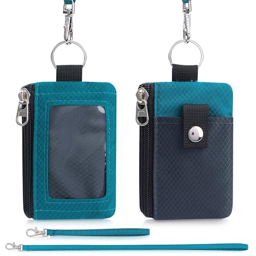Artpaxy Minimalist Wallet For Mens Womens, Keychain RFID Blocking Zipper Small Wallet with ID Window 2 Lanyards,Water Resistant Travel Cash Card Coin Case Boys Girls - color: Dark grey+Blue green, style: Classic