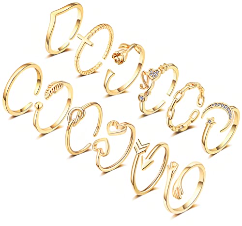 KOHOTA 12PCS Adjustable Knuckle Rings for Women 14K Gold Plated Silver Simple Stacking Rings Pack Open Knot Star Moon Butterfly Dainty Thumb Ring Set for Women - color: 3-Gold color