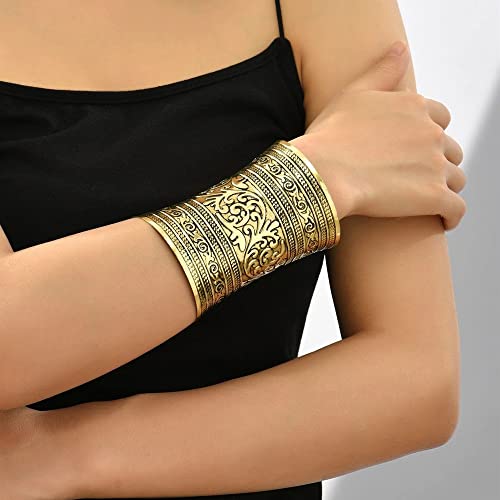 SONNYX 2 PCS Cuff Bracelets for Women Vintage Ethnic Wide Open Chunky Gold Silver Wrist Cuff Warp Bracelets for Cosplay or Belly Dance - color: GOLD 1