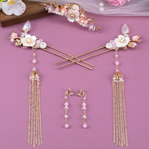 HINZIC 5pcs Flower Tassels Hairpin for Women, Non-Slip Rhinestone Pearl Clover Hair Clips Headpiece, Retro Chinese Hanfu Wedding Brides Hair Accessories for Long Hair - color: Gold