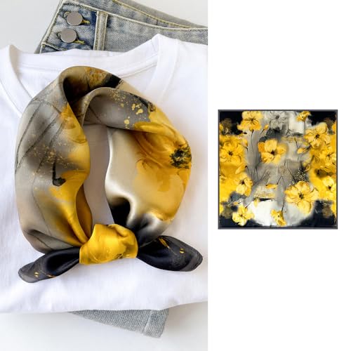 FONYVE 100% Mulberry Silk Scarfs for Women-Lightweight Square Satin Head Scarf-Small Silk Hair Scarf for Sleeping 21"x21" - color: 22 Yellow & Black Flower