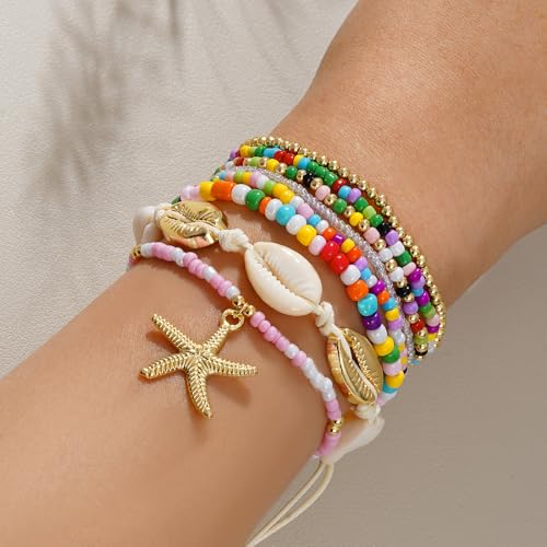 Shell Bracelet Seashell Boho Beaded Stretch Bracelets for Women Summer Beach Bracelets Starfish Charm Bracelet Stackable Gold Plated Bracelets Set for Women - color: a-mix color