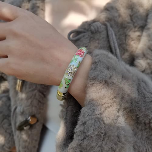 Vintage Flower Cuff Bangles Gold Plated Cloisonne Chinoiserie Peony Floral Elegant Bracelet Gifts For Women - color: beige
