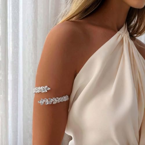 Gold Rhinestone Arm Cuff Bracelet for Women Adjustable Sparkly Upper Arm Cuff Wedding Party Jewelry - color: A1:silver arm cuff
