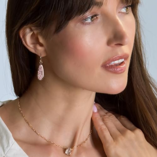 Teardrop Dangle Earrings for Women with Simulated Druzy Stones, in Gold or Rose Gold Tone - color: Rose Gold - Rose Gold Stone