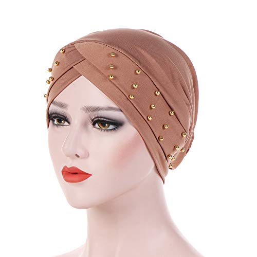 Women Beaded Silky Beanie, Pre-Tied Turban Head Wrap Cap for Chemo Chemical Cancer Hair Loss Cover Hat - color: Khaki