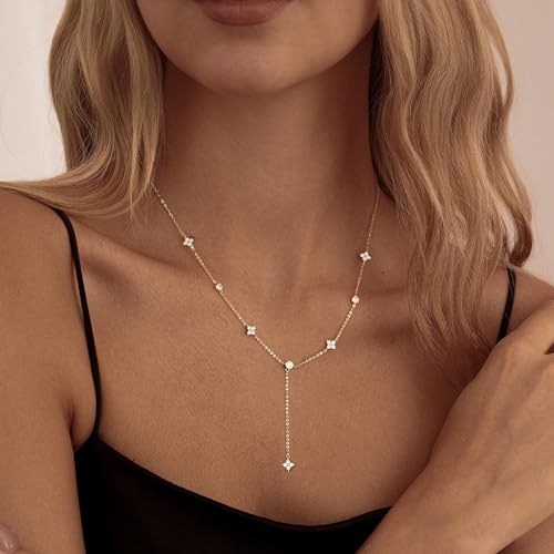 Gold Necklace for Women - Dainty Long Lariat Necklace 14K Gold Plated Clover Star Teardrop CZ Y Shaped Drop Necklaces Cute Long Necklaces for Women Trendy Prom Formal Womens Jewelry - color: Gold-Clover Drop
