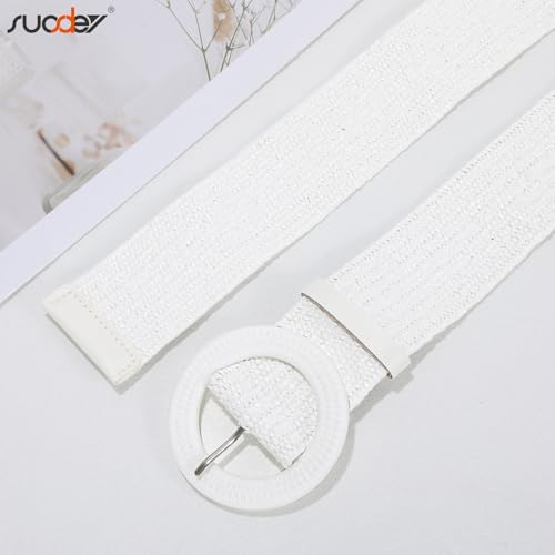 SUOSDEY 2 Pack Straw Woven Elastic Belt Braided Stretch Wide Boho Rattan Waist Belt for Women Dresses - color: 05-brown+white, size: Fit Waist up to 35''