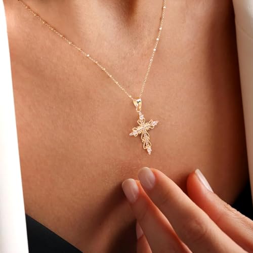 14K Gold Plated Cross Pendant Necklaces for Women Trendy, Dainty Choker CZ Cross Necklace Non Tarnish,Simple Tiny Cross Necklace for Jewelry Gifts - style: Flower-Gold