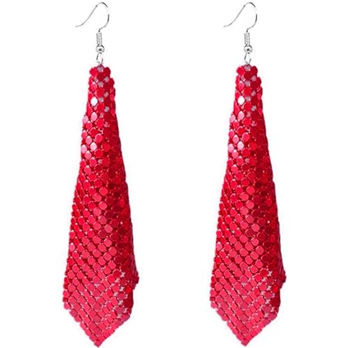 coadipress Metal Mesh Grid Sequins Tassel Long Drop Dangle Earrings for Women Trendy Lightweight Charms Disco Vintage Colorful Long Hook Earrings Bridal Wedding Jewelry - color: RED