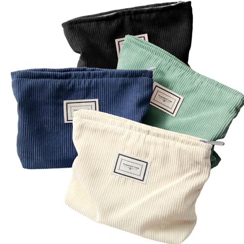 Sanwuta 4 Pack Velvet Makeup Bag Cosmetic Bag for Women Large Capacity Corduroy Pouch Zipper Canvas Travel Toiletry Purse Make up Organizer Case Accessories(Vintage Color,Plaid) - color: Vintage Color
