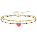 Summer Beach Jewelry Gift-Layered Gold Ankle Bracelets for Women - Waterproof 18k Gold Plated Hot Pink Heart Anklets Non Tarnish Come with Box - color: HEART