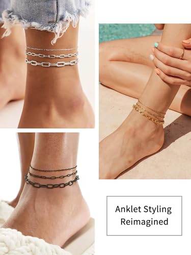 ChainsHouse Ankle Bracelets for Women, Stainless Steel Chain Anklets Waterproof, Women Summer Beach Jewelry Gift, Come with Box - color: 03. 3Pcs-(2+3+6mm)-Paperclip-Black
