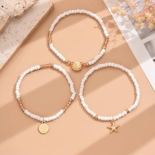 Ankle Bracelets for Women Waterproof Beach Jewelry for Women Elastic Beaded Anklets Boho Seashell Pearl Starfish Anklets for Women Foot Jewelry - style: 2 - 3 layer coin shell starfish