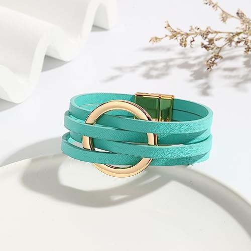 xuzhiyuan Simple Boho Circle Charm Leather Wrap Bracelet Handmade Layered Cuff Bracelets Bohemian Multi Bangle Bracelets Holiday Jewelry Gift for Women - color: Green