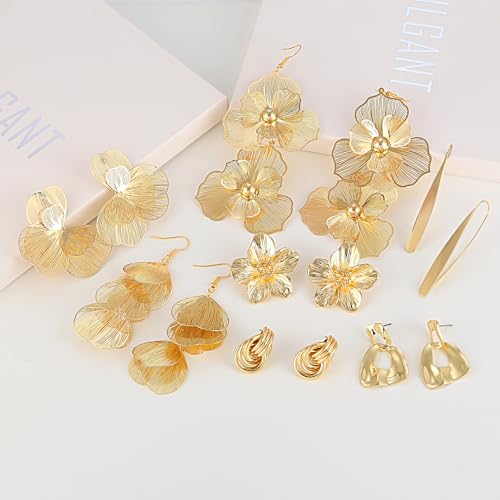 ILGANT Gold Flower Earrings Set for Women Chunky Gold Statement Earrings Big Plated Dangle Flower Jewelry for Women