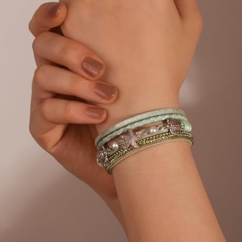 FANCY SHINY Turtle Starfish Leather Wrap Bracelet Boho Rhinestone Pearl Cuff Bracelets for Women Summer Beach Jewelry for Women - color: Green