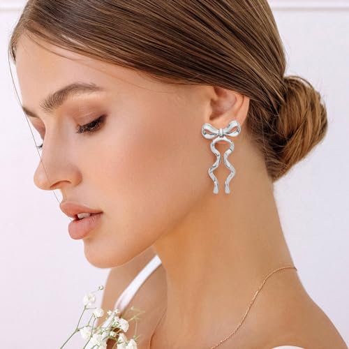 Gold Silver Bow Drop Earrings for Women Long Tassel Chain Bow Earrings Ribbon Bowknot Dangle Earrings Jewelry Gifts - color: Silver Bow D