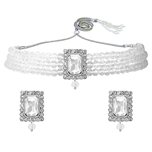Aheli Ethnic Choker Necklace Earrings Wedding Bollywood Party Jewelry Set Gift for Women - color: White 1