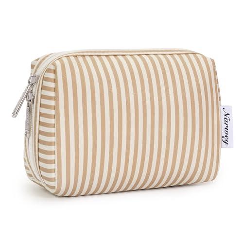 Narwey Small Striped Makeup Bag for Purse Mini Cosmetic Bag Travel Makeup Pouch Zipper Pouch Cute Make up Bags with Compartments for Women Girls (Brown Stripe, Small) - color: A-Brown Stripe, style: Small