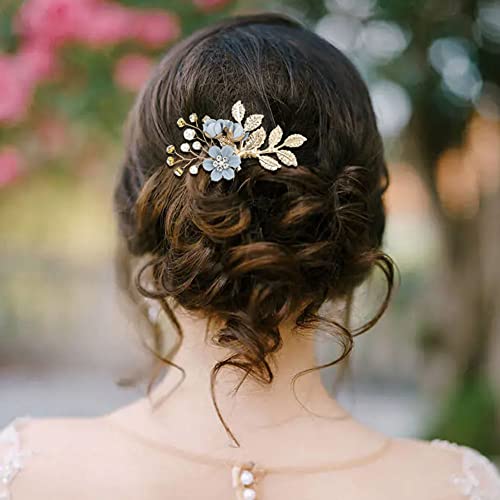 inSowni 20 Pack Classy Dusty Blue Flower Bridal Wedding Hair Side Combs+Floral Hair Pins+Twist Spiral Pearl Hair Pins Clips Pieces Formal Prom Headpieces Accessories for Brides Bridesmaids Women Girls - color: 20 Pack Light Blue Wedding Bridals Formal Pro