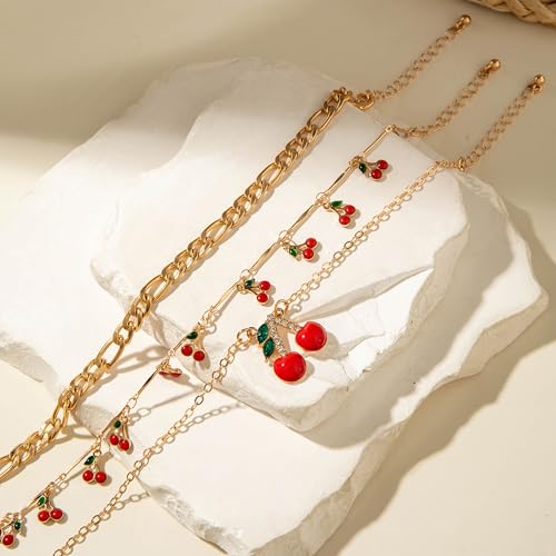 3 pcs Gold Ankle Bracelets for Women Dainty Cherry Pendant Layered Link Chain Anklets Waterproof Fruit Anklet Set Summer Beach Jewelry