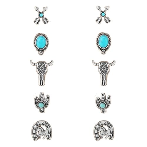 Dreuyet 4 Pairs Turquoise Earrings for Women Small Geometric Oval Round Flower Earrings Turquoise Bohemian Jewelry - style: set C