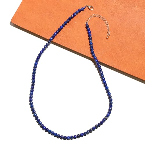 Simple Choker Necklace for Women Real Stone and Crystals Necklaces 4mm Beaded Choker Jewelry Meditation Gift for Women (16"+2") - style: Lapis Lazuli
