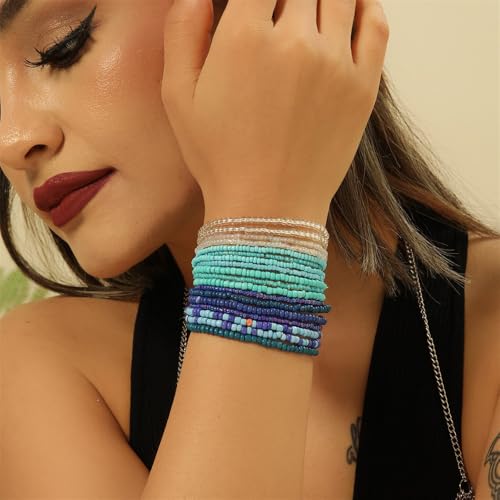 Fuqimanman2020 18Pcs Boho Stackable Beaded Bracelets for Women Colorful Handmade Multilayered Rice Beads Anklets Set Summer Beach Bohemian Jewelry Gift - color: Style 1 Blue