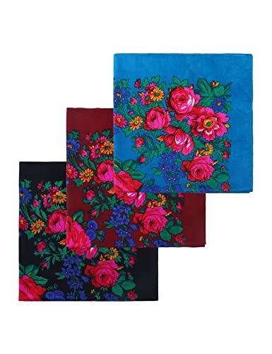 MJ SERECA Acrylic Bandana Printed Hair Scarf Square Ukrainian Head Scarf Floral Babushka Neck Scarf for Women 30"/42"/60" - color: 3 Pack-a 30"