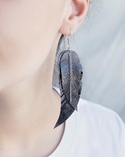 Black shiny Leather Feather Earrings for Women, Lightweight Minimal Boho Dangle Earrings, Small Simple Everyday Jewelry - color: Black metallic