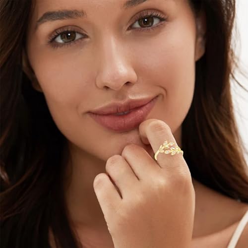 Gold Rings for Women Non Tarnish, 18K Gold Plated Trendy Stackable Gold Rings, Adjustable Open Statement Rings with Cubic Zirconia - color: Leaf Rings