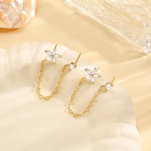 Freekiss Gold Chain Studs Earrings for Women Trendy: Hypoallergenic 14K Gold Plated Dangle Earrings Dainty Small Long Chain Earring Set Fashion Gold Jewelry for Women - style: Flower chain earrings-GD