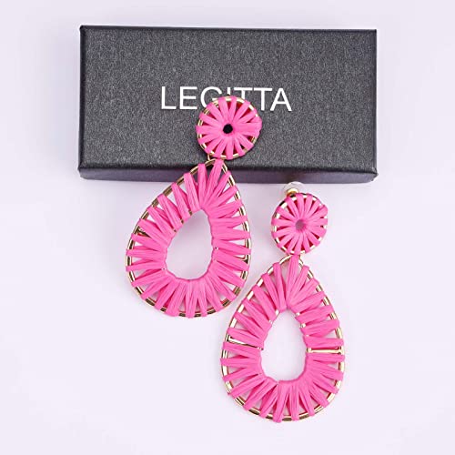 Raffia Teardrop Dangle Earrings Handmad Statement Drop Earrings - color: Hot Pink