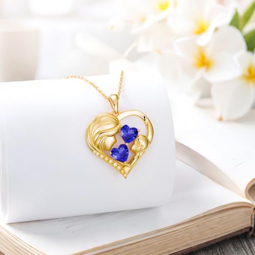 Mothers Day Gifts 14K Yellow Gold Mother Daughter Heart Pendant Necklace with 12 Months Birthstone Birthday Gifts for Mom Anniversarry Jewelry for Mom Wife Girlfriend - color: 09-09-Sept-Sept Birthstone