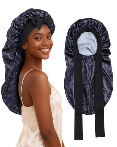 AWAYTR Long Satin Bonnet for Braids - Elastic Silk Hair Bonnets for Sleeping Night Cap Stretchy Tie Band for Women(Midnight) - color: Midnight