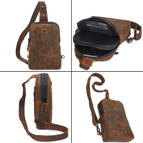 Leather Sling Bag for Women Genuine Crossbody Purse Small Trendy Cross Over Chest with Phone and Credit Card Slots (Cognac Crazy Horse) - color: Cognac Crazy Horse