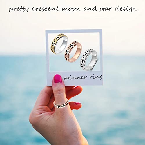 Anxiety Ring for Women Spinner Rings:Rotating Rings Stainless Steel 6mm Moon Star Anxiety for Men Band Jewelry Gift for Women Size 6 7 8 9 10 - color: A-Rose Gold