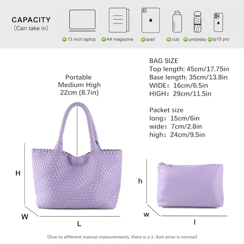 Woven Tote Bag Womens Purse Vegan Leather Shoulder Handbags Fashion Summer Beach Tote Bags Large Travel Totes - color: Purple