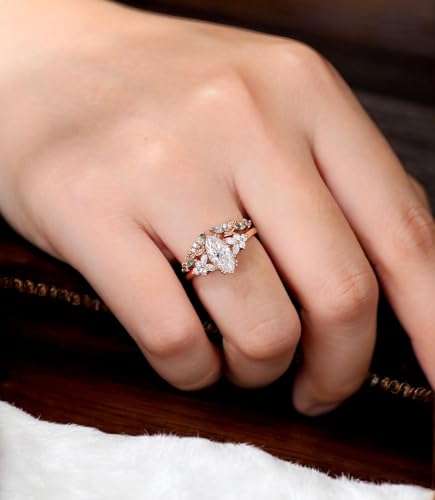 Vintage Marquise Moissanite Bridal Set Moss Agate Wedding Band, Rose Gold Leaf Cluster Shank Engagement Ring Set, Nature-Inspired Gift for Women, Bridal Jewelry