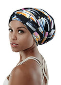Adjustable Satin Lined Sleep Cap for Dreadlocks Curly Hair Large Head-Stay On Overnight - color: Beige Purple
