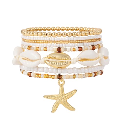 Shell Bracelet Seashell Boho Beaded Stretch Bracelets for Women Summer Beach Bracelets Starfish Charm Bracelet Stackable Gold Plated Bracelets Set for Women - color: b-white