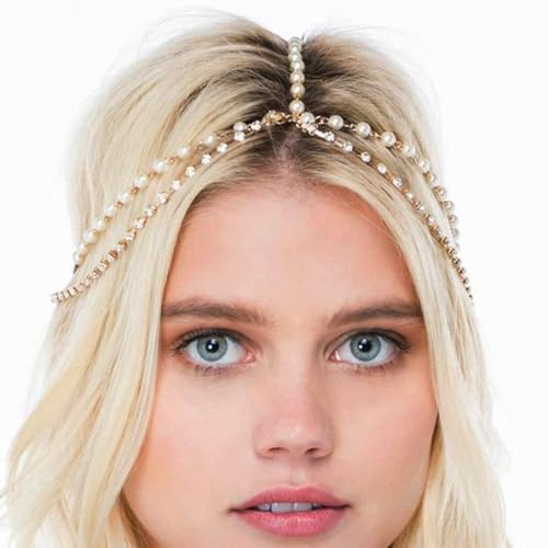 Boho Pearl Head Chain Vintage Crystal Headpieces Wedding Rhinestone Hair Jewelry Party Festival Hair Accessories for Women and Girls (Gold) - color: Gold