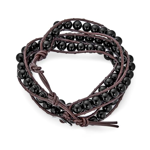 Bling Jewelry Unisex Two Tone Multi Strand Layered Link Chain & Bead 6MM Gemstone Tiger Eye Black Onyx Crystal Ball Beads Bracelet Teen Silver Tone Oxidized Stainless Steel Toggle Clasp Adjustable