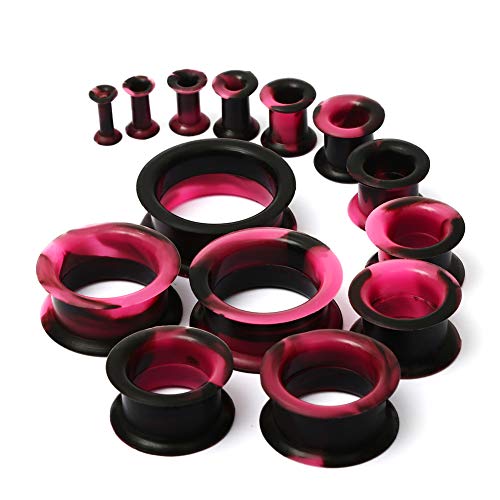 WBRWP 20/28pcs Ear Stretching kit Set: Hollow Hard/Soft Silicone Plugs and Tunnels Ear Expander Gauges Stretcher Body Piercing Jewelry - style: 28pcs Thick/Mixed Black&Dark Pink