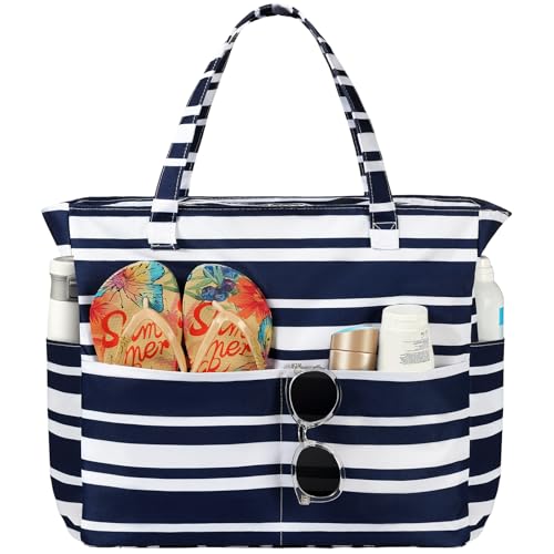 Trifabricy Beach Bags for Women Waterproof Sandproof Women Tote Bag, Large Beach Bag with Zipper for Gym Travel Vocation - color: Navy Blue